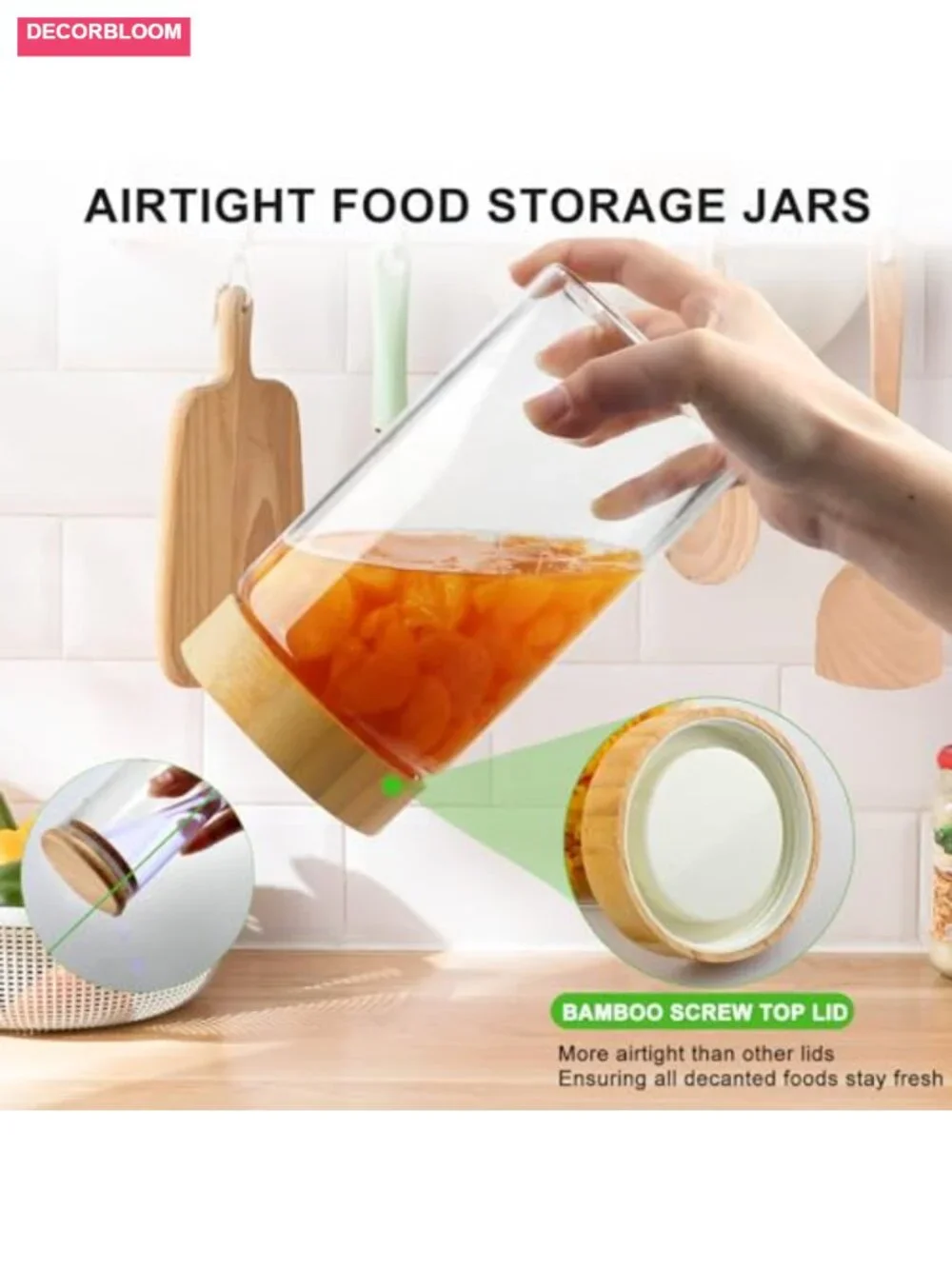 Airtight Glass Storage Jar Set with Bamboo Lids, 5-Piece Canisters for Kitchen